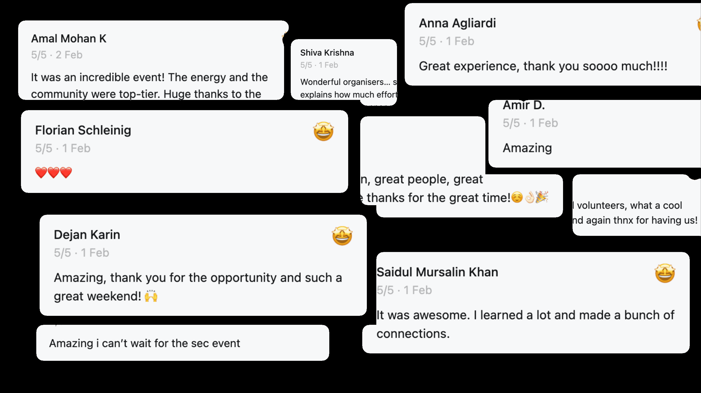 A collage of 5 out of 5 attendee reviews from the AI BEAVERS January 2026 hackathon weekend, including 'It was an incredible event! The energy and the community were top-tier' and 'It was awesome. I learned a lot and made a bunch of connections.'
