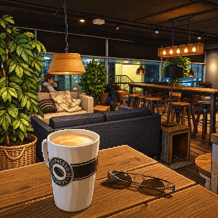 Cover of agentic coffee: a cup of coffee on a wooden table in a cosy cafe