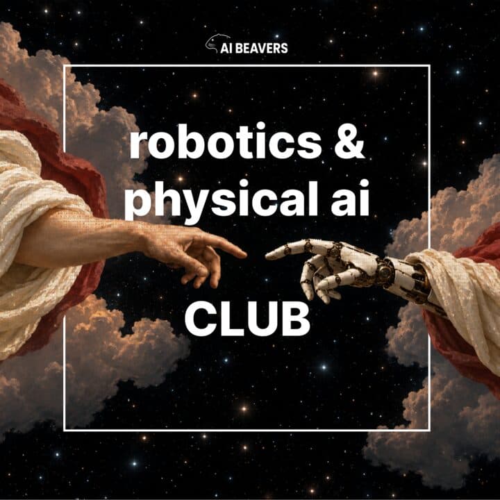 Cover of the robotics and physical AI club: a human hand reaching toward a robot hand across a starry sky