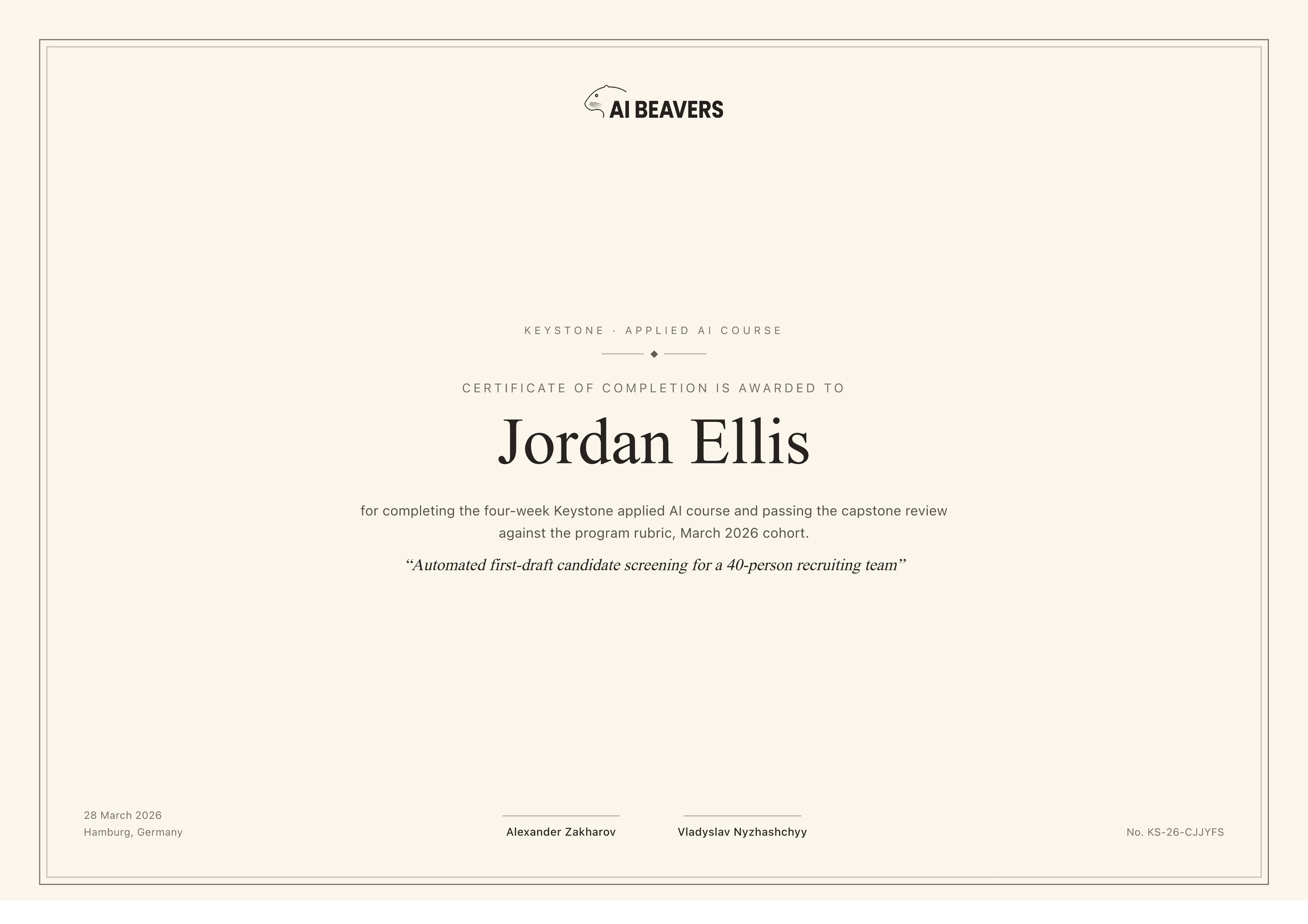 Sample preview of a Keystone certificate of completion
