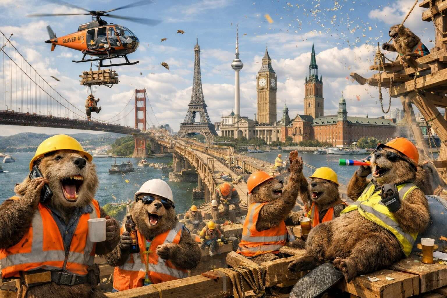 AI BEAVERS beavership hero artwork with builder beavers assembling across global landmarks