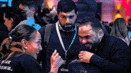 Builders laughing together at the AI BEAVERS hackathon in Hamburg, drawn in pixel art