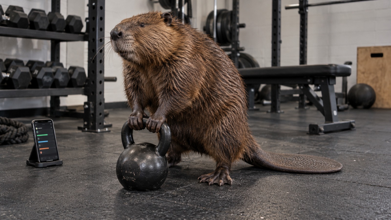 a beaver attempting a kettlebell workout